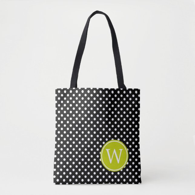 Tote Bag Point de polka noir et blanc avec le monogramme de (Devant)