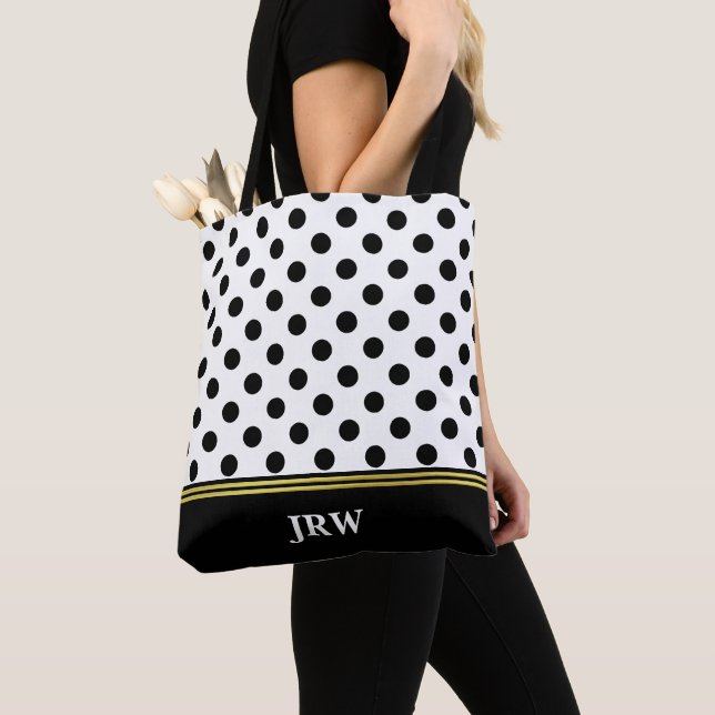 Tote Bag Point de polka noir et blanc de monogramme fait (De près)