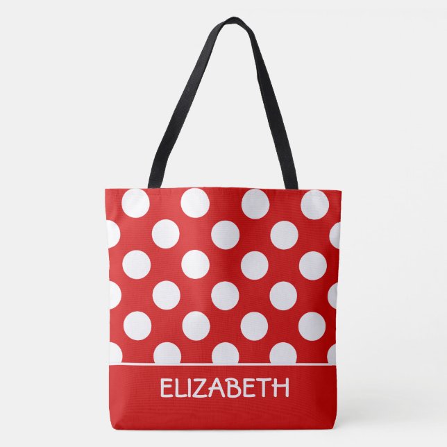 Tote Bag Point Polka rouge et blanc d'été personnalisé (Devant)