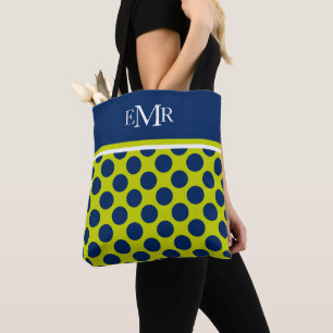Tote Bag Points de Navy Blue sur un Monogramme Vert Citron