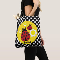 Points de polka Fleurs jaunes Coccinelle rouge fan