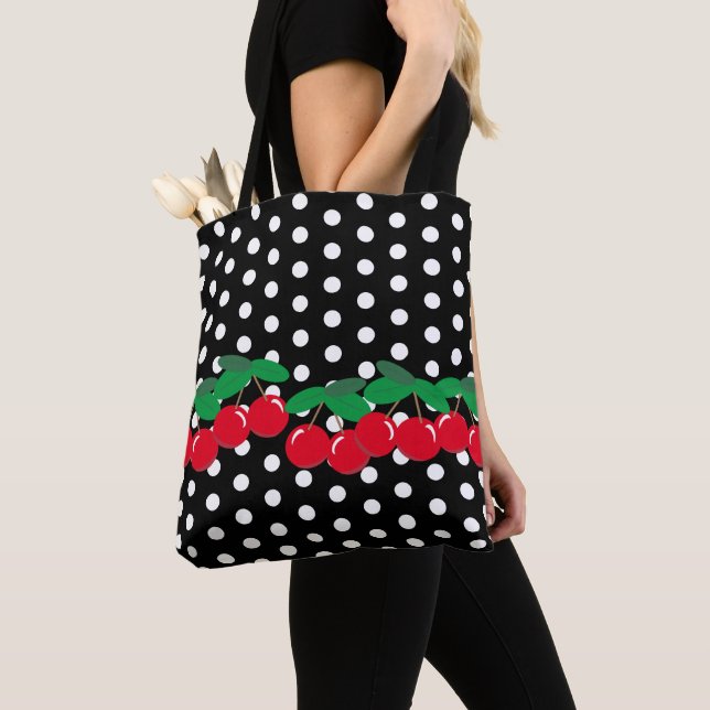 Tote Bag Pois blancs en noir avec cerises (De près)