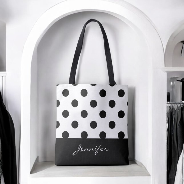 Tote Bag Pois Chic noir et blanc avec Monogramme (Créateur téléchargé)