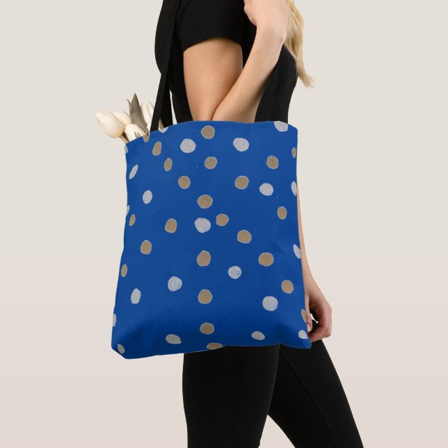 Tote Bag Pois d'argent et d'or sur bleu (De près)