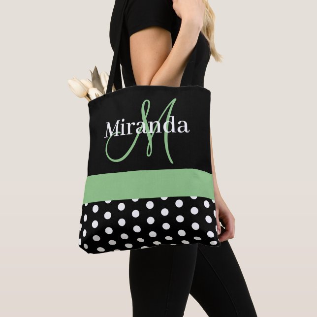 Tote Bag Pois de script de monogramme noir blanc vert (De près)