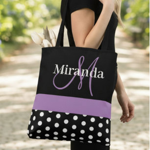 Tote Bag Pois de script de monogramme noir blanc violet