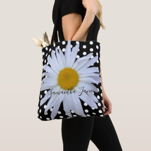 Tote Bag Pois noir blanc marguerite personnalisée
