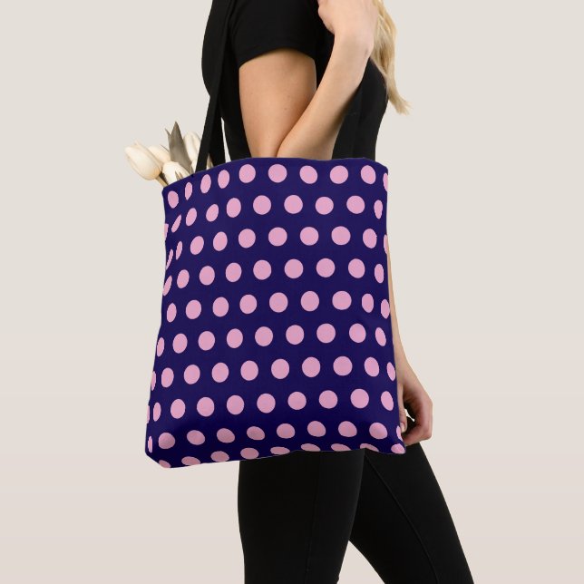 Tote Bag Pois roses gras sur bleu marine (De près)
