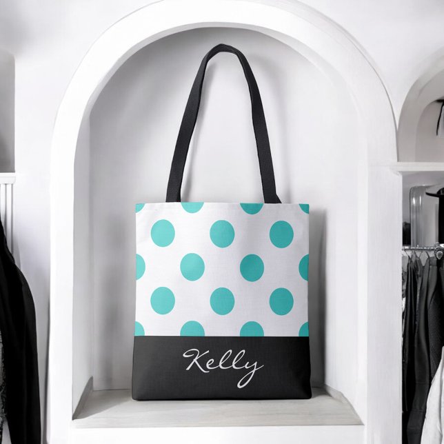 Tote Bag Pois turquoise avec Monogramme (Personalize this attractive tote with any name.)