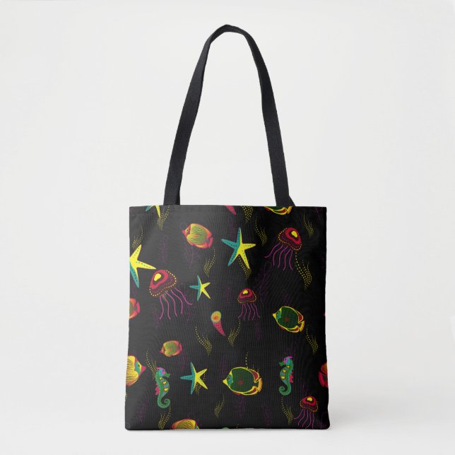 Tote Bag Poisson jaune, noir et marron sans soudure motif.  (Devant)