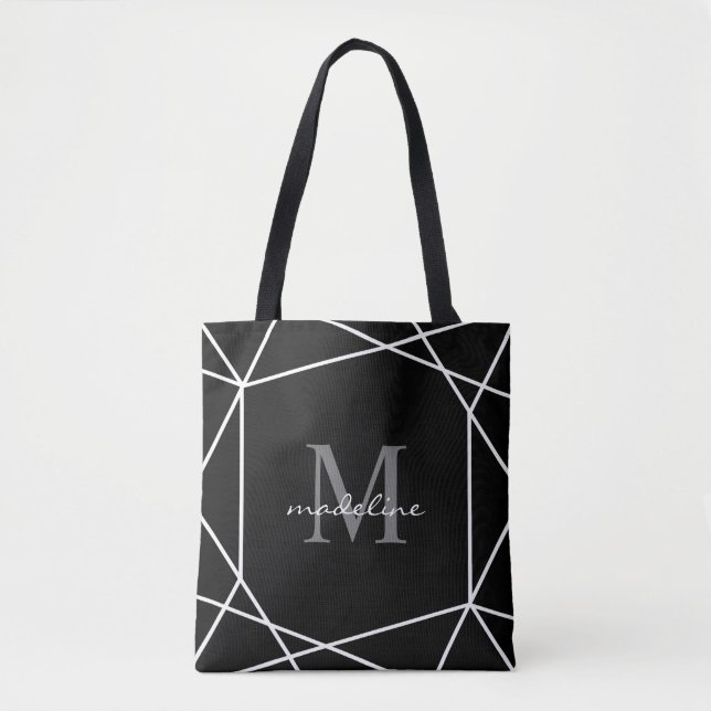 Tote Bag Polygone gris argenté noir et blanc (Devant)