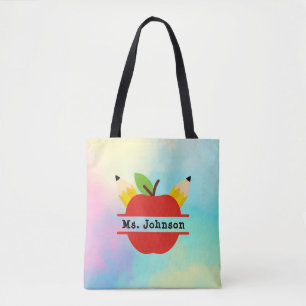 Tote Bag Pomme d'enseignant personnalisée  Aquarelle arc-e