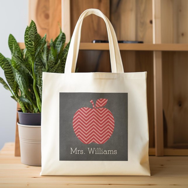 Tote Bag Pomme enseignant personnalisée avec Motif Chevron  (Custom Tote Bag)