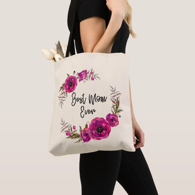 Tote Bag Poppies florales rose Fuchsia Wreath Meilleure mam (De près)