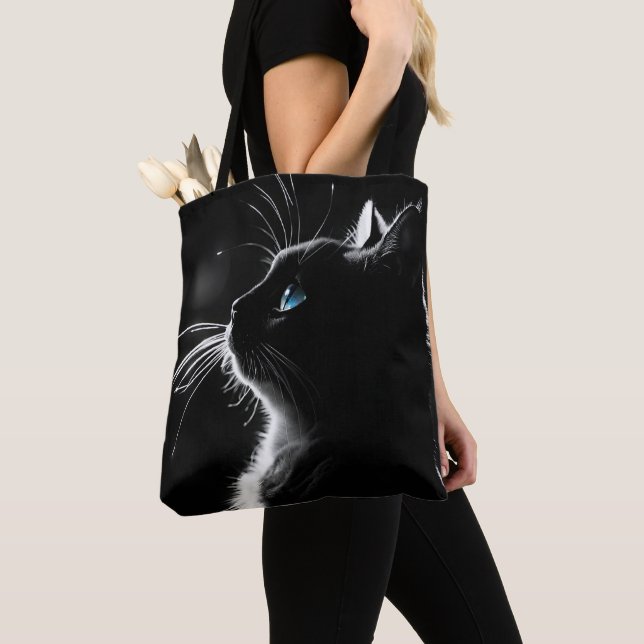 Tote Bag Portrait de chat noir brillant avec l'oeil bleu (De près)