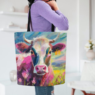 Tote Bag Portrait de vache coloré Art Abstrait moderne