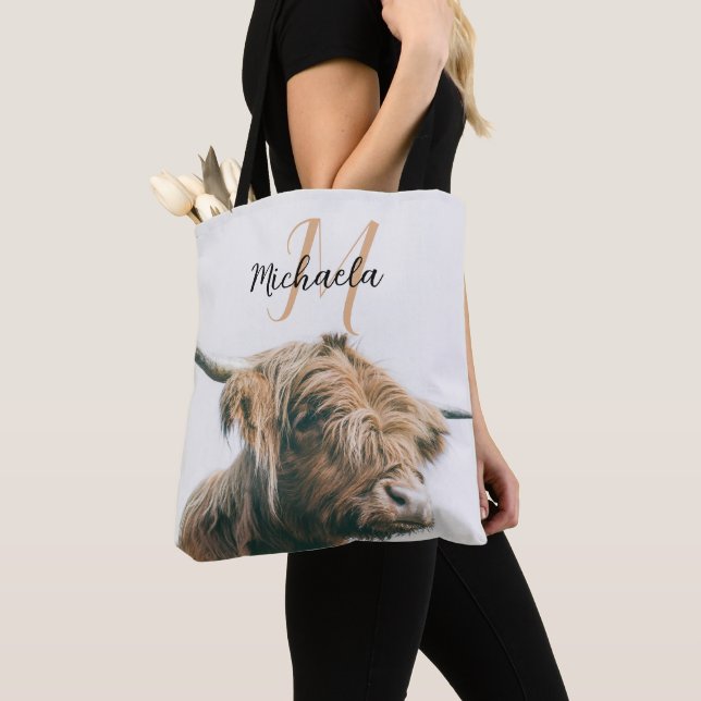 Tote Bag Portrait de vache Highland nom personnalisé monogr (De près)