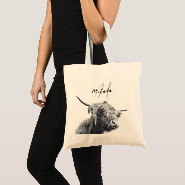 Tote Bag Portrait de vache Highland premier monogramme noir (Devant (produit))
