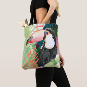 Tote Bag Portrait du Toucan avec Feuilles tropicaux