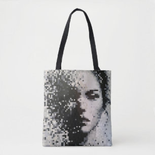 Tote Bag Portrait pixelisé en niveaux de gris abstraits ave