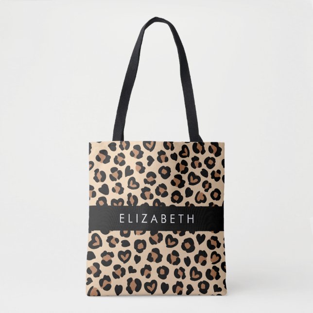 Tote Bag Poster de animal, Léopard Brown, Coeurs, Votre Nom (Devant)