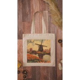 Tote Bag Poster Vintage voyage de Hollande, tulipes et moul