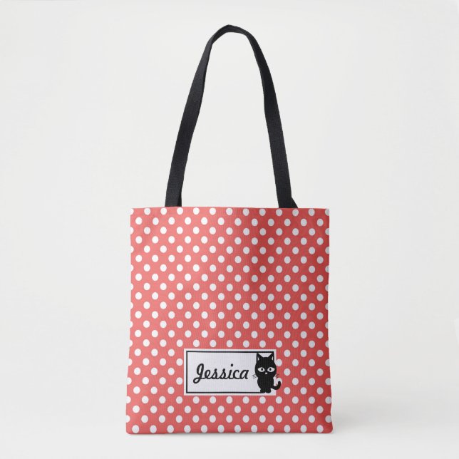 Tote Bag Pot rouge et chat noir Personnalisé (Devant)