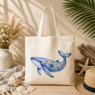Tote Bag Poterie à thème floral baleine bleue