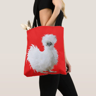 Tote Bag Poule Soie sur fond rouge