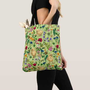 Tote Bag Poulets et fleurs sauvages sur le vert de rosée mi
