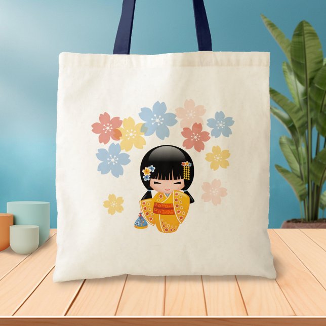 Tote Bag Poupée d'été Kokeshi - Kimono Jaune Geisha Girl (Créateur téléchargé)