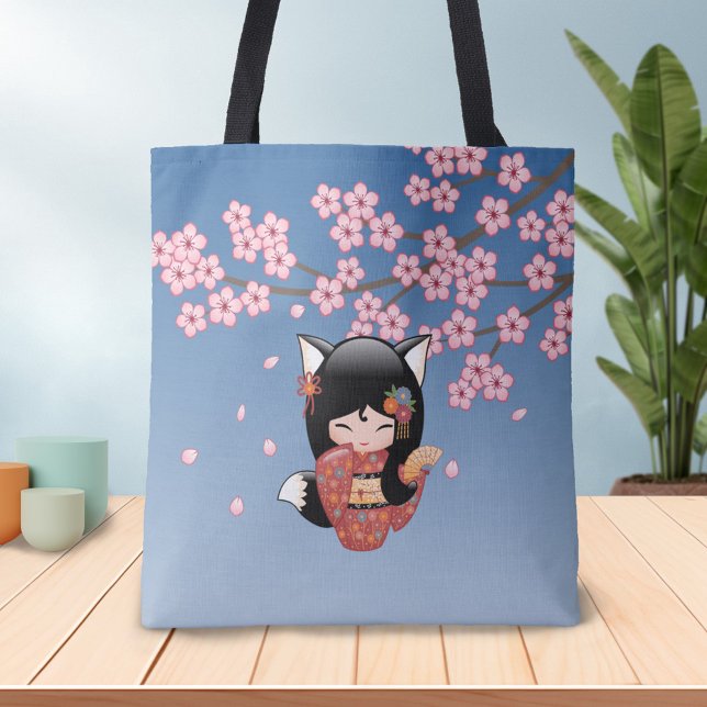 Tote Bag Poupée Kitsune Kokeshi - Black Fox Geisha Girl (Créateur téléchargé)