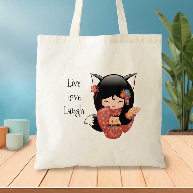 Tote Bag Poupée Kitsune Kokeshi - Black Fox Geisha Girl (Créateur téléchargé)