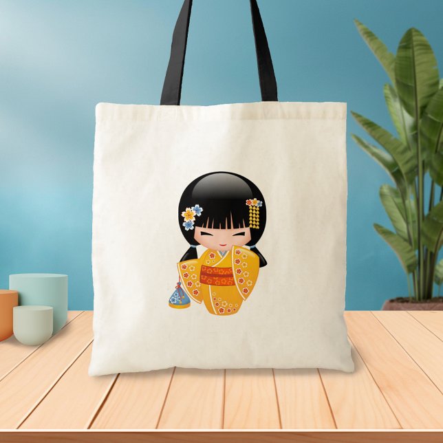 Tote Bag Poupée Kokeshi d'été - Kimono Jaune Geisha Girl 2 (Créateur téléchargé)
