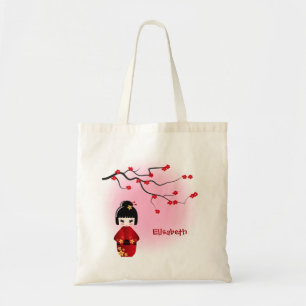 Tote Bag Poupée kokeshi japonaise aux fleurs de sakura