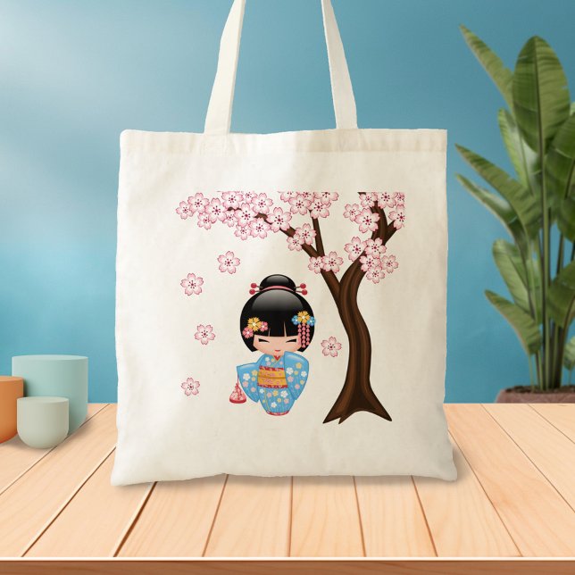Tote Bag Poupée Maiko Kokeshi - Blue Kimono Geisha Girl 2 (Créateur téléchargé)