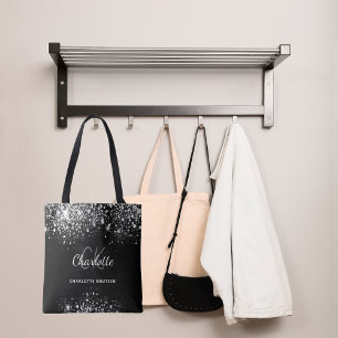Tote Bag Poussière de strass argent noir monogramme initial
