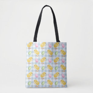 Tote Bag Poussin et œufs à l'aquarelle sur motif Vichy bleu