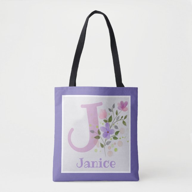 Tote Bag Premier Initial Plus Nom Janice avec Fleurs (Devant)