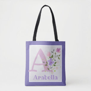 Tote Bag Première initiale plus nom Arabella avec fleurs
