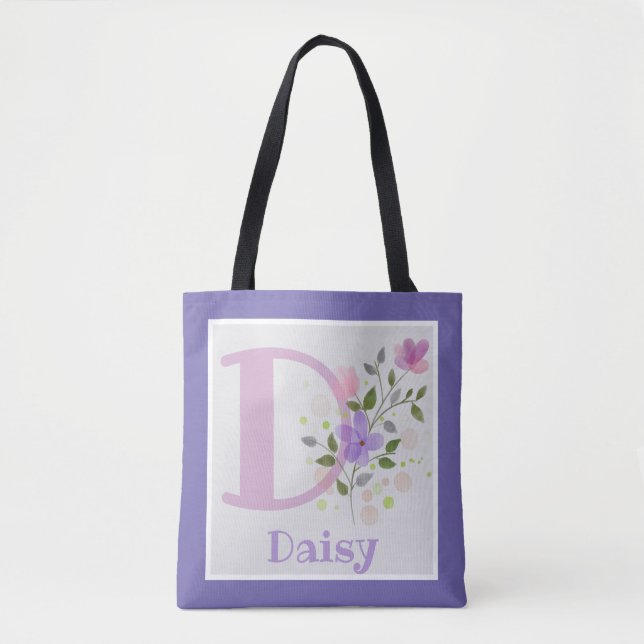 Tote Bag Première initiale plus nom Daisy avec des fleurs (Devant)