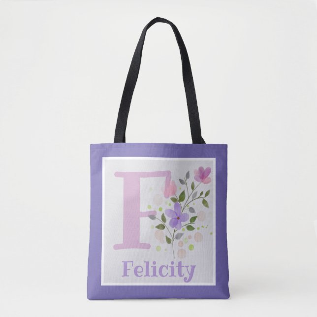 Tote Bag Première initiale plus nom Felicity avec des fleur (Devant)