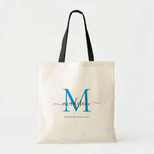 Tote Bag Préparé Bleu Clair Noir Monogramme Chic Nom de Scr