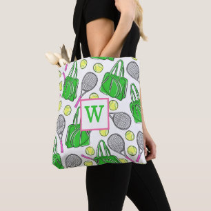 Tote Bag Préppy Green Pink Tennis Racquet Balls Initiale