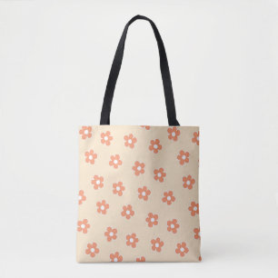 Tote Bag Preppy Peach White Hippie Flower Motif