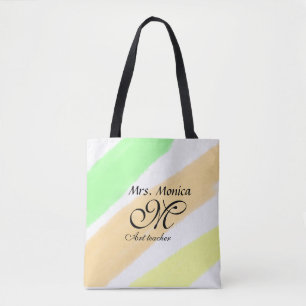 Tote Bag professeur d'art jaune vert rayures aquarelle nom