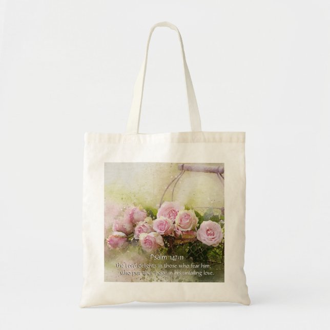 Tote Bag Psaume 147:11, Verse biblique, Panier de roses ros (Devant)
