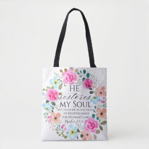 Tote Bag Psaume 23:3 - Il restaure mon âme Pink Floral Bibl
