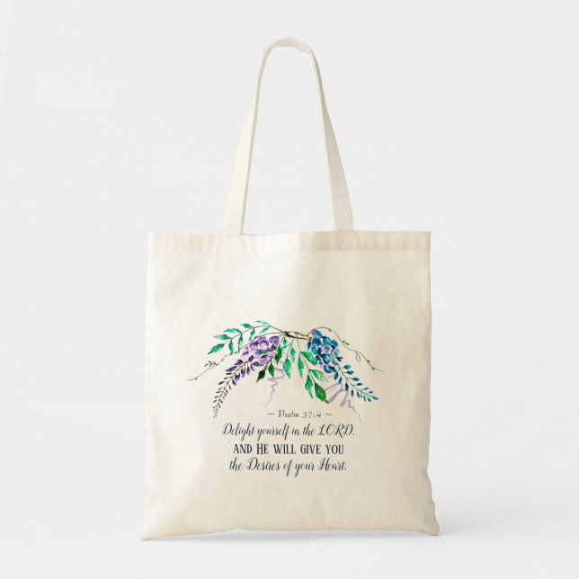 Tote Bag Psaume 37:4 Plaisir dans le Seigneur, Floral (Devant)