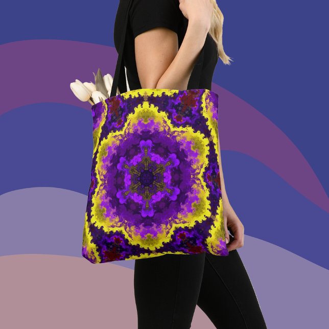 Tote Bag Psychédélique Mandala Fleur Jaune et Violet (Créateur téléchargé)